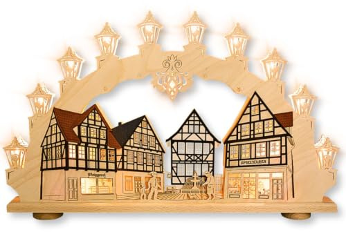weigla - Schwibbogen original Erzgebirge I Motiv Altstadt I LED Lichterbogen Weihnachten I 15 Lampenkerzen + 1 Ersatzlampe I 15 x 16 V, 0,2 W, E10 I beleuchtete Weihnachtsdeko innen I aus Holz