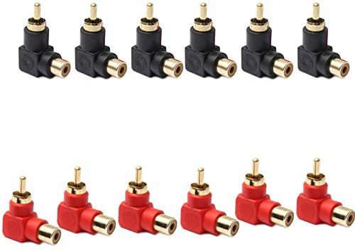 Lot de 12 adaptateurs RCA mâles vers RCA femelles à angle droit - 6 noirs et 6 rouges