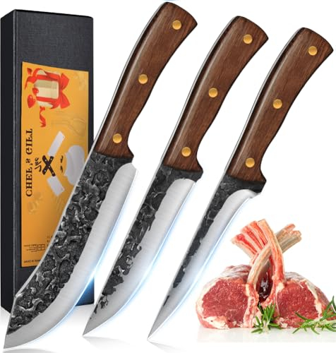 Set di Coltelli da Filetto,Coltello da Macellaio Professionale in Acciaio al Carbonio Coltello da Chef con Manico in Legno per Barbecue