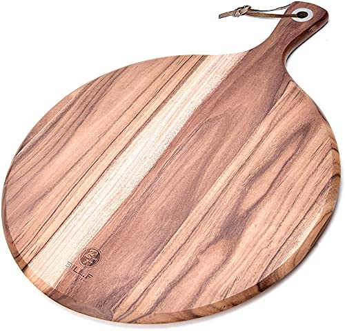 BF BILL.F SINCE 1983 Acacia Wood Pizza Peel/Cutting Board/Serving Tray,Pizza Paddle Spatula Round Transfer Tray Baking Shovel Cake Lifter for Moving Pizza, Cookies Pie, Cakes, Bread, 48X36.5X1.2cm