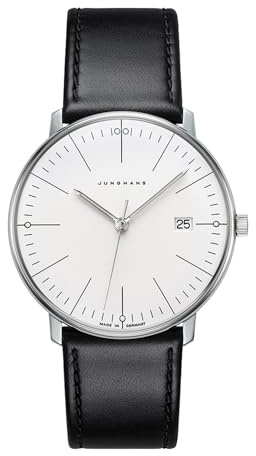 JUNGHANS max Bill Quarz Armbanduhr mit Saphirglas 41/4817.02 | präzise Quarzuhr, Armbanduhr mit minimalistischem Design, Business-Uhr mit schwarzem Lederband, edle Dress-Watch, Bauhaus-Uhr