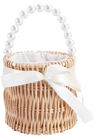 Rattan Bag Wicker Pearl Handbag for Women Handwoven Straw Bag Basket Top Handle Straw Handbags Rattan Bag With Lace Ribbon Shoulder Bag
