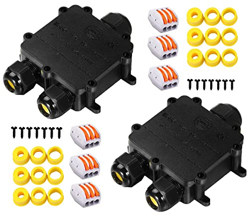 Janaa® | 2 Stk | Wasserdichte Abzweigdosen IP68 Pro 3-Wege + Automatische Klemmen | Verteilerdose Elektrische Verbindung Außen OHNE WERKZEUG Schnelle Installation Garten Pool Terrasse