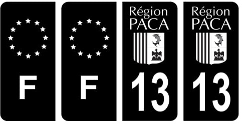 HADEXIA Nummernschild-Aufkleber, französisches Departement 13 Bouches-du-Rhône, alte Region PACA, Schwarz und F, Frankreich, Europa, 4 Stück