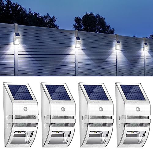 NEWNEN Outdoor Solar Lights with Motion Sensor:4 Pack Stainless Steel Wall Lights IP65 Waterproof Wireless Installation Perfect for Garden Fence Front Door Security Yard Lighting