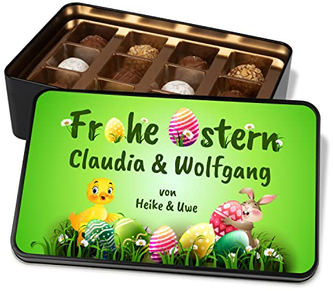 True Statements personalisierte Pralinendose zu Ostern - Dein Ostergeschenk „Frohe Ostern“ - Osterküken & Osterhasen -Geschenkdose mit 12 Confiserie-Pralinen
