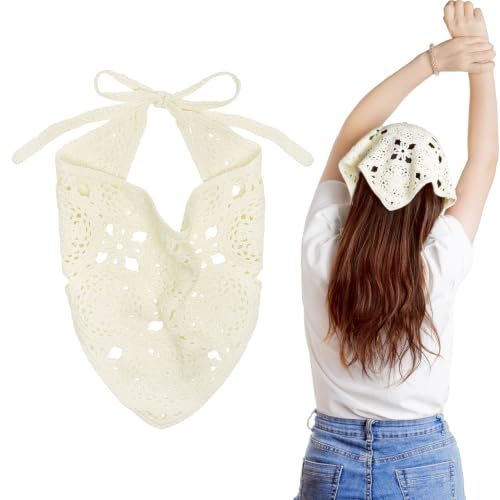 hoyuwak Crochet Bandanas Headbands Head Scarf Hair Scarf for Women Girls Knitted Floral Hair Accessories for Hair Styling Festival Holiday Christmas Decor(White)