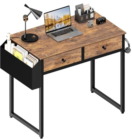 Lufeiya Escritorio pequeño para computadora con 2 cajones de 80 cm, escritorio de oficina en casa con cajón de tela de almacenamiento, mesa de trabajo de estudio para dormitorio, espacios pequeños