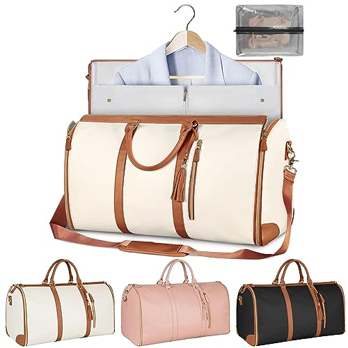 RVUEM 2-In-1 Kleider Reisetasche, wasserdichte KleidersäCke, Umwandelbarer Kleidersack Mit Schuhfach, Reisetasche Aus PU Leder, Geschenke FüR Frauen Und MäNner,Beige,52 * 25.4 * 31.75cm