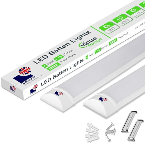 Morris Eco LED 4ft Office Ceiling Strip Light - Batten Light Twin Pack - Ideal for Offices, Garage & Workshop,120cm, 6500K, IP20 4800 Lumens