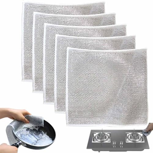 CLOUDEMO Chiffons à Vaisselle Polyvalents en Fil de Fer Anti-Rayures, pour humides et secs, frottent et nettoient la Vaisselle, Les éviers, Les comptoirs, Les Dessus de cuisinière (5pcs)