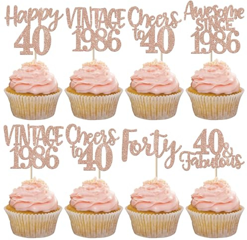 Xsstarmi 24 Pack Happy 40th Birthday Cupcake Toppers Glitter Forty 40 Fabulous Vintage 1986 Cupcake Picks for Cheers to 40 Year 40th Birthday Wedding Anniversary Party Cake Decorations Rose Gold