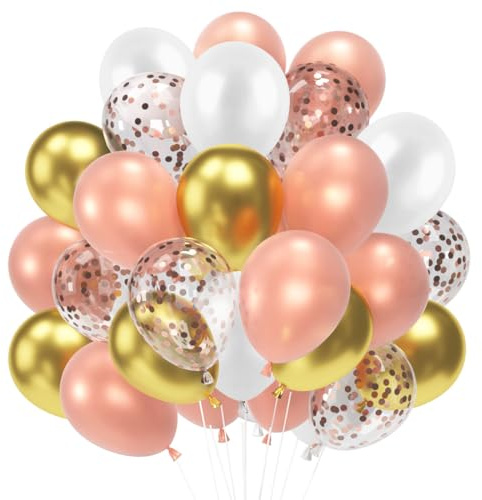 60 Luftballons Rosegold Weiß, 12 Latex Ballons, Metallic Gold, Rosegold Konfetti Helium Balloons für Kinder Geburtstag, Babyparty, Hochzeit, Graduierung, Feier, Deko