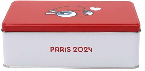PARIS 2024, CJO5119 - Scatola in metallo Mascotte Love 6,9 x 13 x 19,6 cm, prodotto ufficiale sotto licenza, scatola di immagazzinaggio per la cucina, scatola di conservazione zucchero cereali