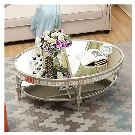 Konsolentische Satztische Ovale Couchtische fürs Wohnzimmer, 43,3/47,2/51,1 Zoll Couchtisch mit Spiegelplatte und offenem Regal, Vintage-Cocktailtisch Beistelltische Säulentische (Farbe: Grau, Größe