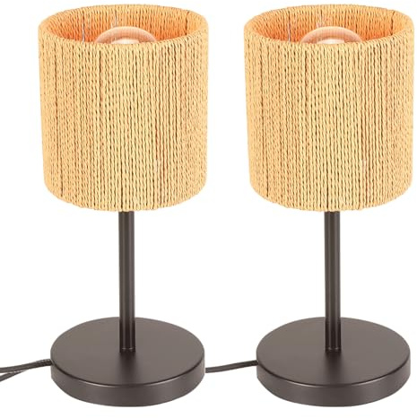 LIGKIN 2 Stück Vintage Tischlampe Nachttischlampe Bohemian Style Rattan Schirm Tischlampe E27 Nachtlicht Deko für Schlafzimmer Büro Lesen