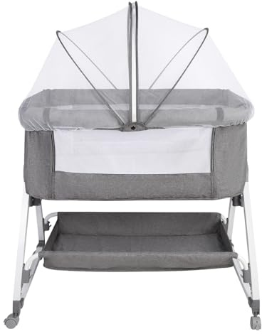 HUOLE Beistellbett, 2 in1 Baby Bett ab Geburt bis 25 kg, Zustellbett 6 Höhenverstellung, mit Matratze/Faltbare Seitenwand/Räder, Netzgewebe Kinderbett-80 * 40 * 100-115cm – Leinen