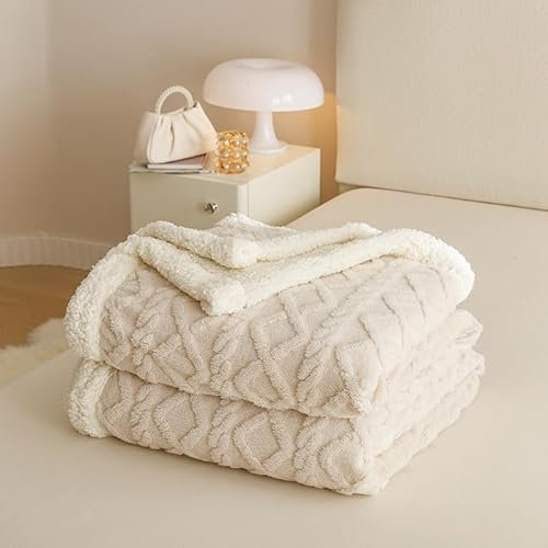 RongRongIN Kuscheldecke 200x230 cm Herbst Winter Flauschig Decke für Bett Sofa Couch – Beige Weiß, Extra Weich Groß Doppelgesicht Wohndecke Tagesdecke Sofadecke Couchdecke Überwurfdecke Biber Warm