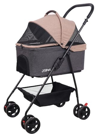 JoPet Tierwagen – Faltbarer Haustierbuggy für kleine Hunde & Katzen, leicht & kompakt, mit abnehmbarem Korb, in Dunkelpfirsich/Dunkelgrau