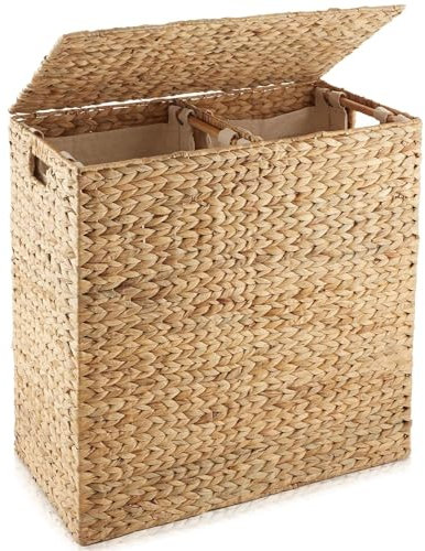 Gr8 Home Extra Large Rectangular Water Hyacinth Double Laundry Hamper Woven XL Washing Basket With 2 Compartment Liner Bags Clothes Storage Bin Organiser Box Truck Chest With Lid