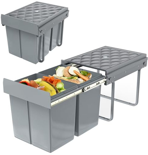 UISEBRT Mülleimer Küche Unterschrank Einbau Abfalleimer Ausziehbar Mülltrennsystem mit Rutsche Kunststsoff Grau【2x15L】