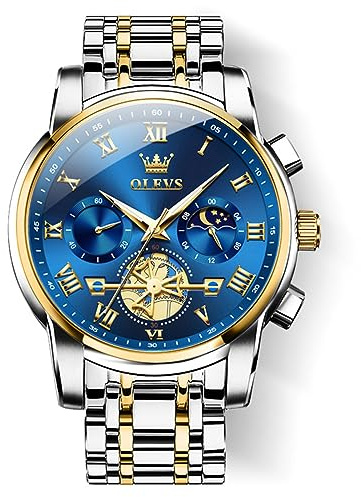 OLEVS Uhr Herren Blaues Großes Zifferblatt Edelstahl Analog Quarzuhr Klassisches Luxus Multifunktion Tourbillon Gold Silberne Herrenuhren Römisches Ziffern Chronograph Wasserdicht Herren Armbanduhr