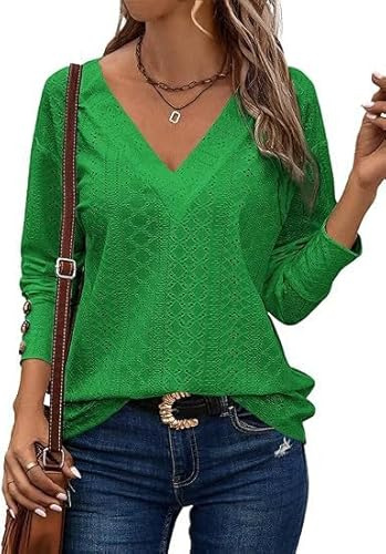 Placitiume Camicette ricamate in pizzo da donna - Top casual eleganti con scollo a V a maniche lunghe con bottoni per l'autunno 2024, Verde, S
