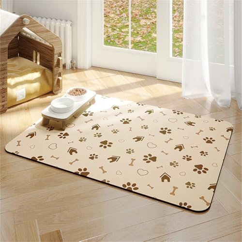Surwin Napfunterlage für Hund Katzen Haustier Futtermatte, Super Saugfähige Futternapf Unterlage Hundepfotenmuster Schnelltrocknend Rutschfester Waschbar Hundenapf Unterlage (Beige,50x70cm)