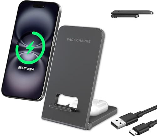 Supporto per caricabatterie wireless pieghevole 2 in 1, ricarica induttiva, senza fili, per iPhone 16, 15, 14, 13, 12, 11, Samsung Galaxy S25, Ultra S24, S23, S22, S21, S20, Google Pixel 9, Pro 8, 7