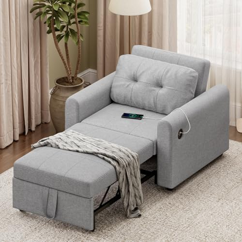 Hadibio Single Sofa Bed, Convertible Linen Sleeper Sofa Chair with Storage Pockets, 3 Adjustable Backrest and USB & Type-C, 3-in-1 Pull Out Sofa Bed for Living Room, Bedroom, Grey