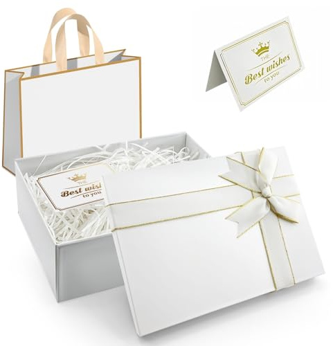 Weiß Geschenkbox mit Deckel, 21,5 x 16 x 8 cm, Dickem Karton. | Inklusive Tragetasche, Schleife, Grußkarte und Bastkordel.für Hochzeiten und Jubiläen.Geburtstag