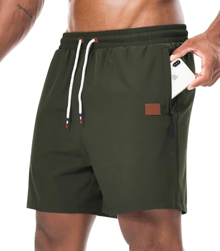 Curluriy löparshorts för män gym träning jogging med blixtlåsfickor lätt andningsbar sommar snabbtorkande, gRÖN, M