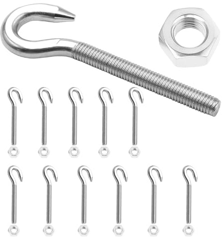CVASNF 12 ganchos de rosca M6, 304 tornillos de gancho y 12 tuercas hexagonales, ganchos de acero inoxidable con rosca, artículos para colgar para hamacas, toldos, escarabajos