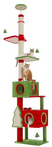PAWZ Road Árbol de gato de Navidad, árbol rascador de suelo a techo, torre de gato con altura ajustable, torre para gatos con 9 cm de sisal recubierto de árbol y 2 cabañas grandes para gatos, color