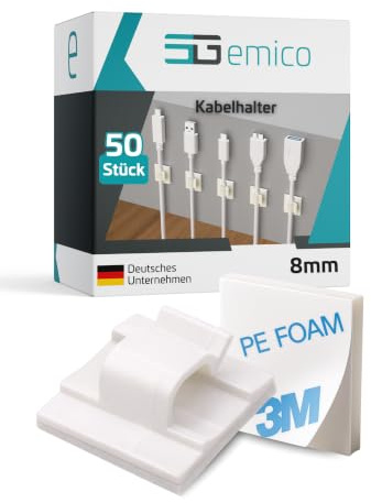 emico Kabelhalter - für Kabel bis 8 mm Durchmesser - 50 Stück Natur - Kabelclips aus hochwertigem PA 6.6 - Selbstklebend & RoHS-konform - Ideal für Kabel, Drähte & Lichterketten