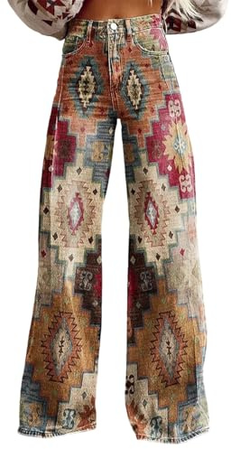 Pantalones Vaqueros Holgados para Mujer Cintura Alta Pierna Ancha Recta Impresión Jeans Estilo Y2K Baggy Pantalones Cómodos Elásticos de Dril Casual Oversize con Bolsillos