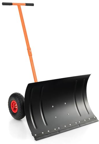 COSTWAY Pelle à Neige sur Roues 74 x 49 cm, Pousse-Neige pour Allée, Pelle Métallique avec Roues pour Déneigement, Guidon et Angle de Lame Réglables, Outil de Déneigement Efficace sur Trottoirs Jardin