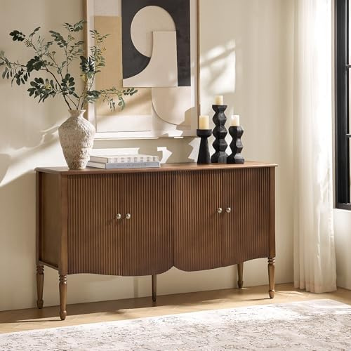 HULALA HOME 58 Wide Solid Wood Fluted Sideboard Cabinet, Storage Buffet Cabinet with Adjustable Shelves & 4 Doors Console Table, Transitional Sideboard, Walnut