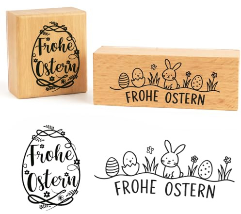 QIMMU 2 Stück Ostern Stempel,Ostern Holzstempel,Frohe Ostern Stempel,Frohe Ostern Holz,Osterei Motivstempel,Mit Gestalteten Ostereiern und Hasen,Für Scrapbooking,Bullet Journal und Osterkarten