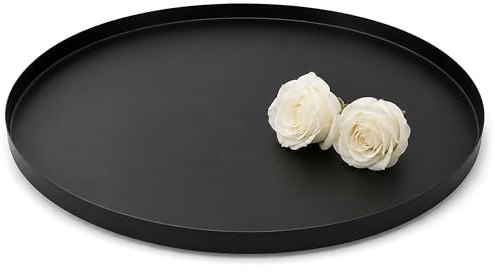 40cm Large Black Round Tray Decorative, Round Candle Plate with 3 Anti-slip Buffers, Circle Serving Platter Stainless Steel Storage Organizer Trays for Jewelry, Makeup, Candle, Drinks