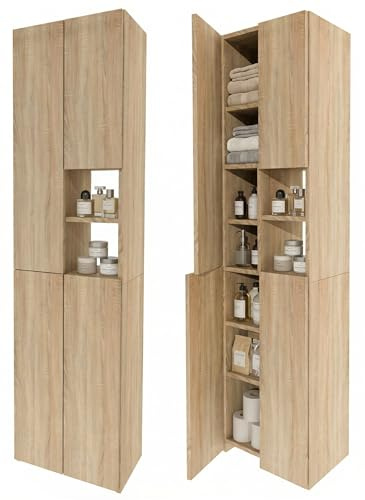 möbelkap Badschrank Hochschrank schmal stehend | Badezimmer Regal mit Stauraum | platzsparender Badezimmerschrank | Standregal Bad in Holzoptik Eiche Sonoma