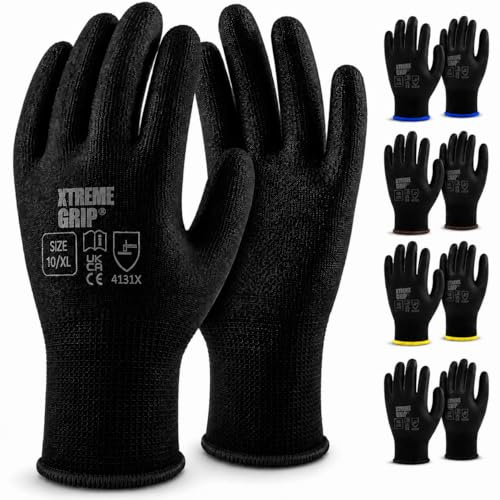 Xtremeauto XtremeGrip PU Coated Safety Work Gloves – Non-Slip Grip Protective Work Gloves for DIY, Mechanics, Warehouse, Gardening & Construction – EN388 Certified (12, Extra Large)