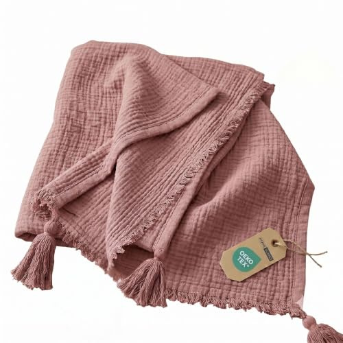 Homescapes Musselin Decke Baumwolle 127 x 180 cm – Leichte Sofadecke & Wohndecke mit Quasten – Baumwolldecke für Sofa & Bett, als Plaid oder kleine Tagesdecke, rosa