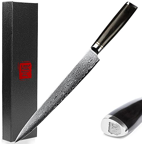 YOUSUNLONG Yanagiba-Messer 245 mm - Japanisches Damaststahl-Sushi- und Sashimi-Messer - Scheide aus Walnussholz und Griff aus Ebenholz - Präzises Schneiden von Fisch, Fleisch und Geflügel