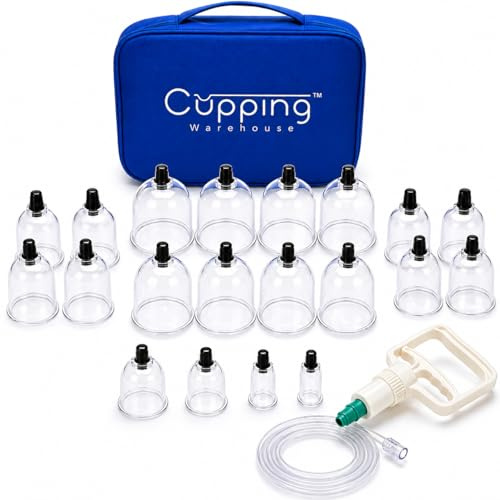 Cupping Warehouse Professional Vacuum Cupping Gun Massage Set – 20 Polycarbonate Cups for Muscle Recovery, Myofascial Release, Cellulite Massage & Pain Relief, with Extension Tube for Solo Use