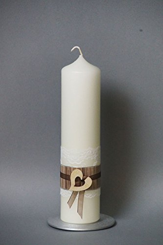 Hochzeitskerze Vintage mit Spitze und Holzherz, 25 x 6 cm ; inkl. Beschriftung ! T 21