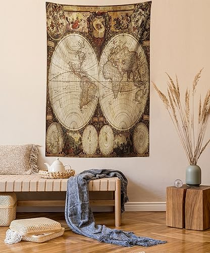 ABAKUHAUS Weltkarte Wandteppich, Historische alte Atlas aus Weiches Mikrofaser Stoff Waschbar ohne Verblassen Digitaldruck, 150 x 110 cm,Braun Beige