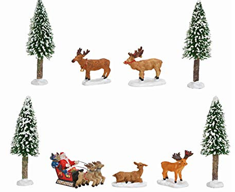 meindekoartikel Miniatur Winterszene Lichthaus Winterwelt 9-teiliges Deko-Set Bäume, Elche und Weihnachtsmann aus Poly Kunststoff (bunt) Höhe 5-13cm