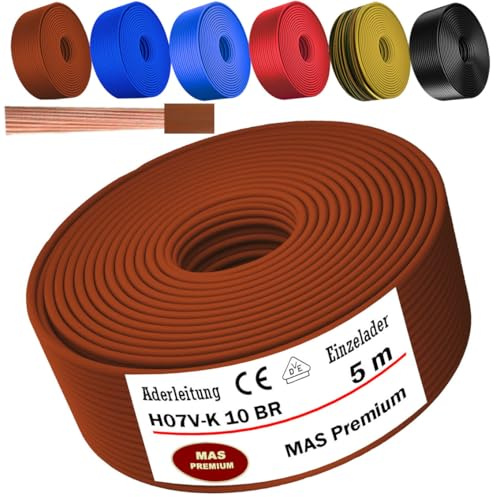 MAS Premium Von 5 bis 100m Aderleitung H07 V-K 10 mm² Schwarz, Braun, Dunkelblau, Grüngelb, Hellblau oder Rot Einzelader flexibel (Braun, 5m)