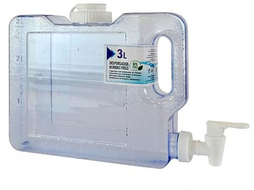 Tradineur - Dispensador de bebidas de plástico 3 litros con grifo para frigorífico, 22 x 7 x 33,5 cm, botella dispensadora agua, tanque, garrafa reutilizable con grifo para nevera